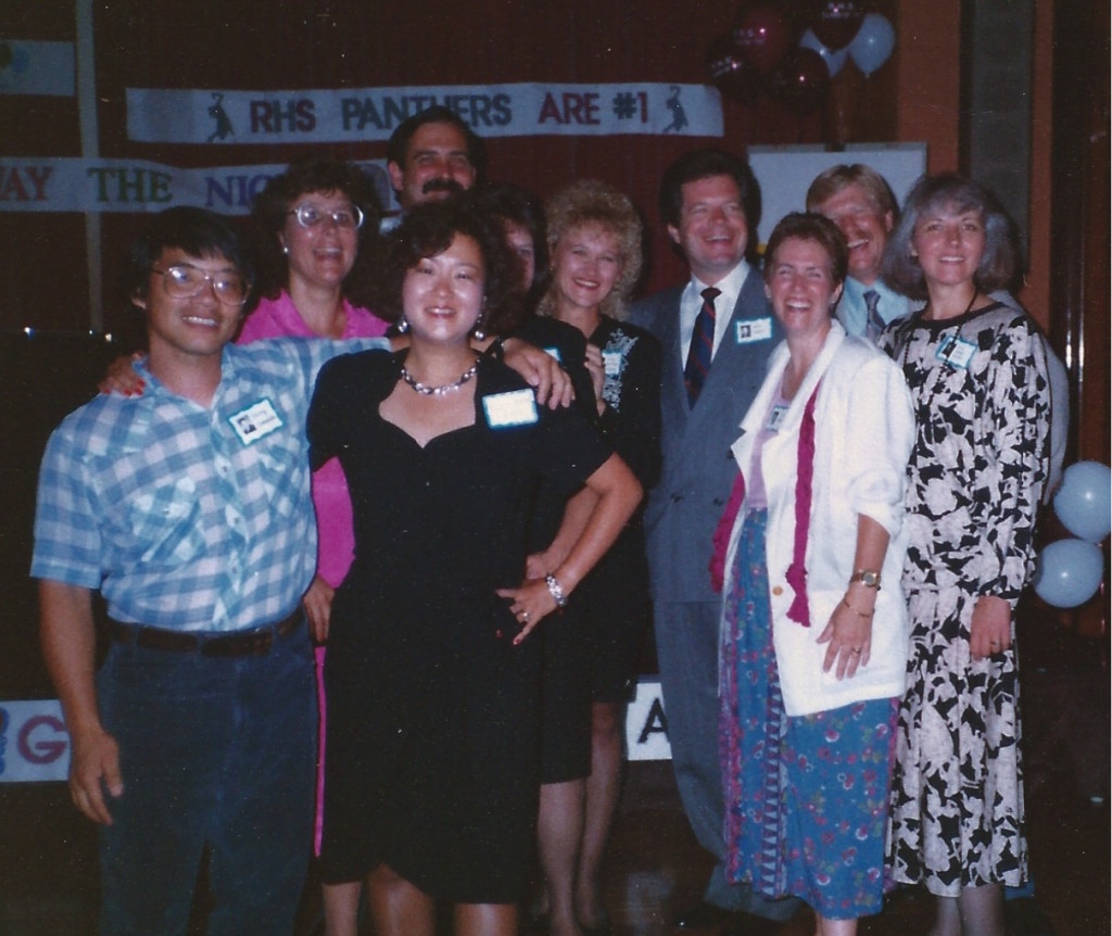 Reunion of Wells School classmates in 1990 at the Rosemead High School Class of 1970 20 yr reunion: Left to right: Henry Sakaida and Carol Yoshida Amico front. Rear: Dorothy Kapitan McGee (in pink), Jim Needles, Carol Slama (hidden), Zina Lewucky Glodney, Mike Stefanovich Stefan, Eileen Dailey Baranowski, Glenn Rickel, and Loma Sprude Karklins.